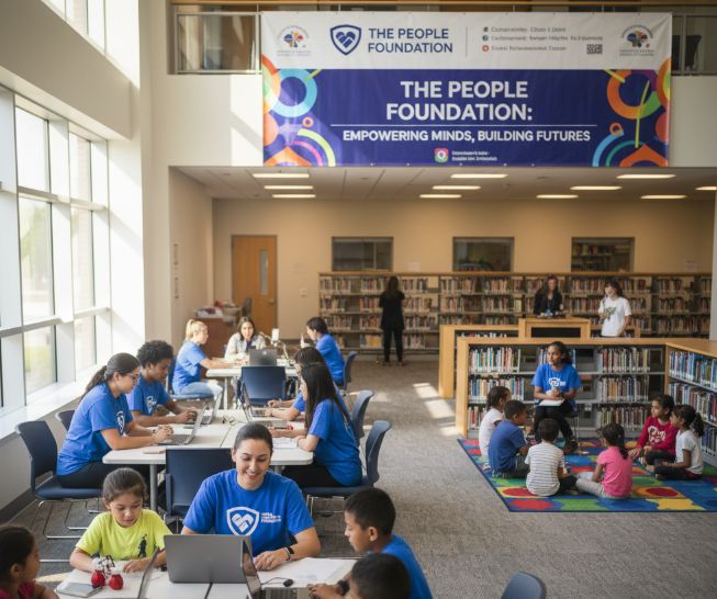 Neighbors collaborating with laptops and devices in a modern community learning space